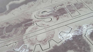 Ceramic tile cut with abrasive water jet cutting