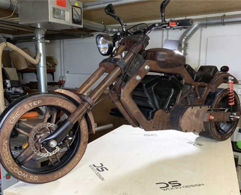 Wooden motorcycle CNC milling processed with walnut stain