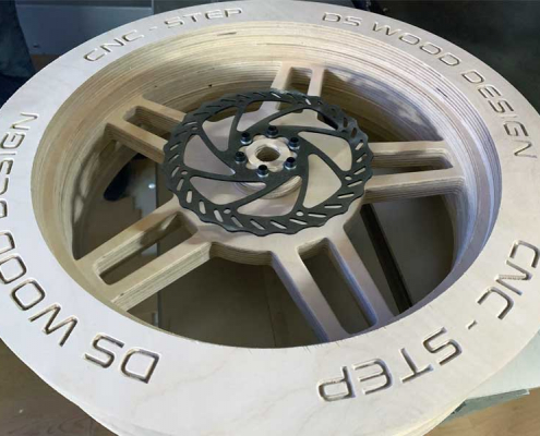 Wooden motorcycle rear wheel CNC milled with disc break